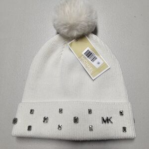 Michael Kors White Beanie Hat with Silver Accents